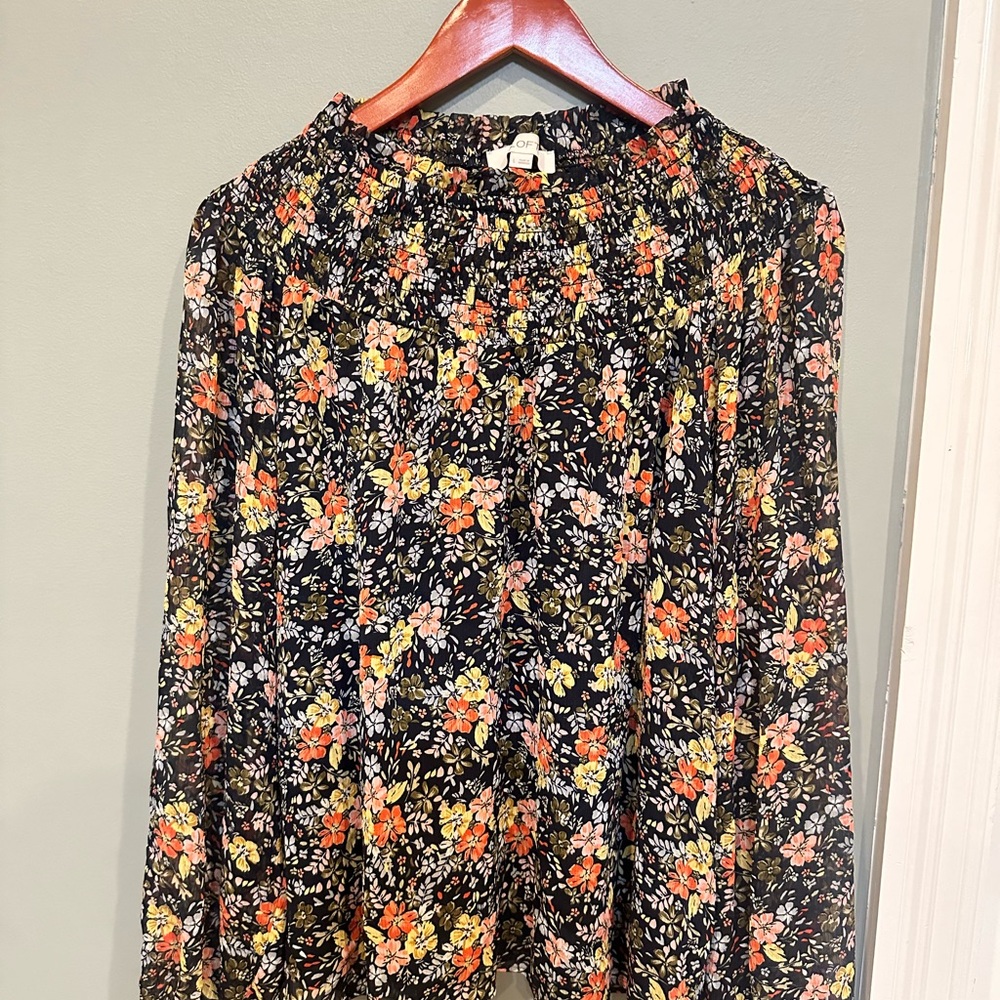 LOFT Black and Orange Floral Blouse